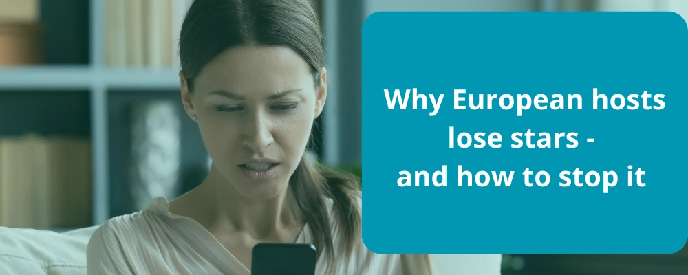 European Airbnb host reviewing guest ratings on a phone