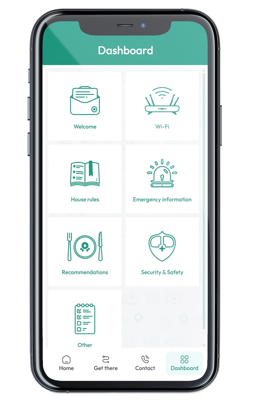 Smartphone showing a digital guidebook dashboard with Welcome, Wi-Fi and House rules